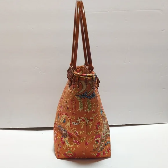 Talbots Purse Paisley faux Tortoise Shell handles & Beads - Picture 2 of 13